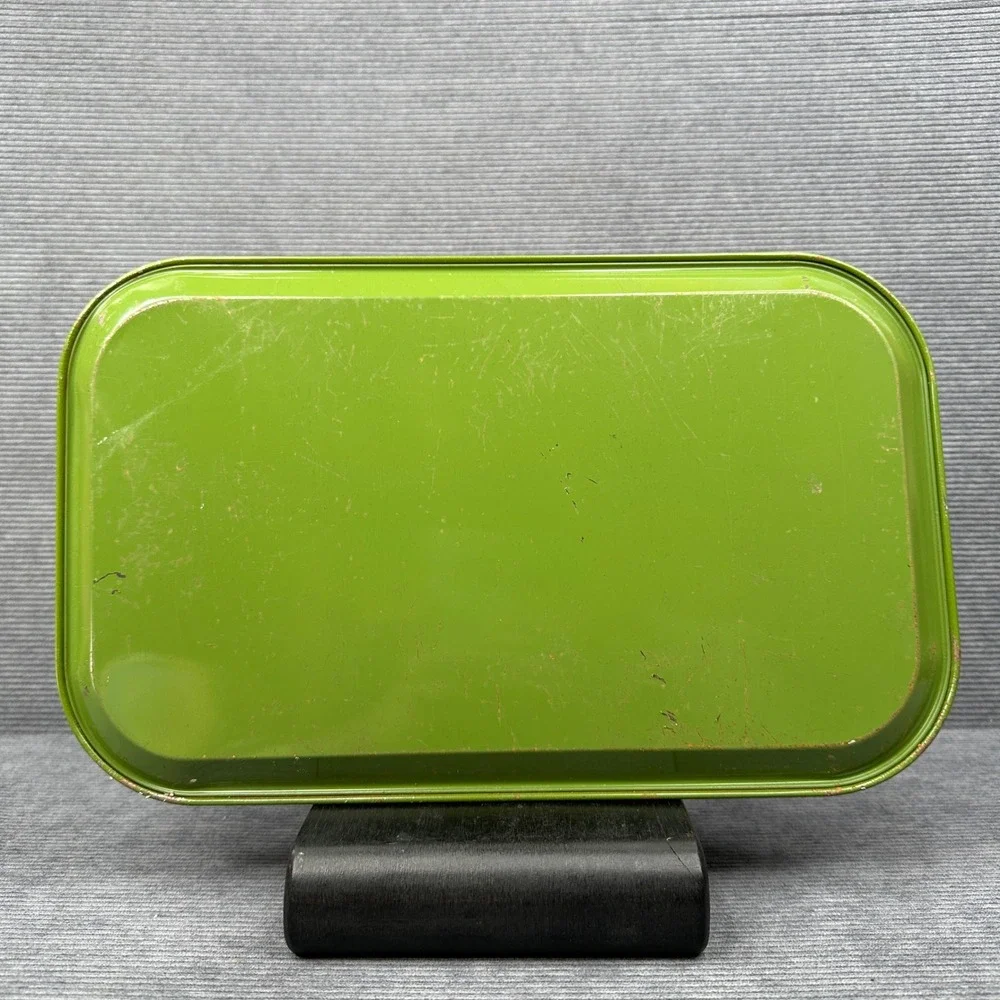 Vintage 70s Avocado Green Metal Daisy Lap Trays Set of 2 Retro Floral Tin Litho